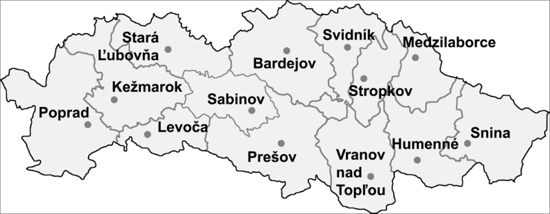 Mapa zobrazuje okresy Prešovského kraja